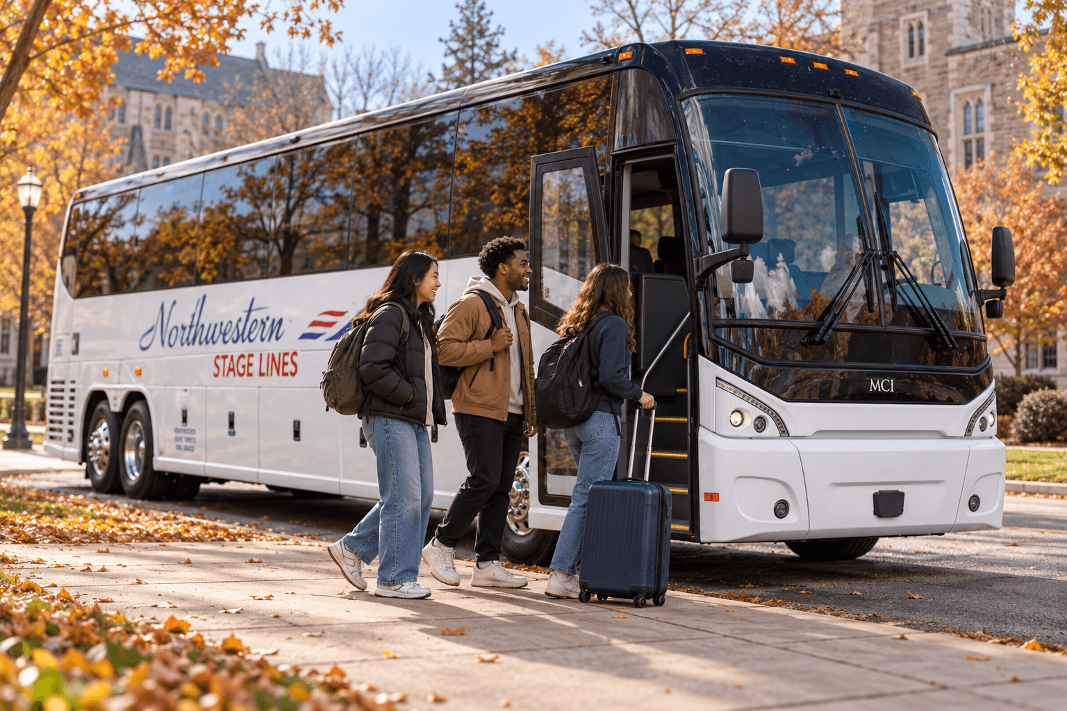 Students with backpacks and luggage boarding a Northwestern Stage Lines bus